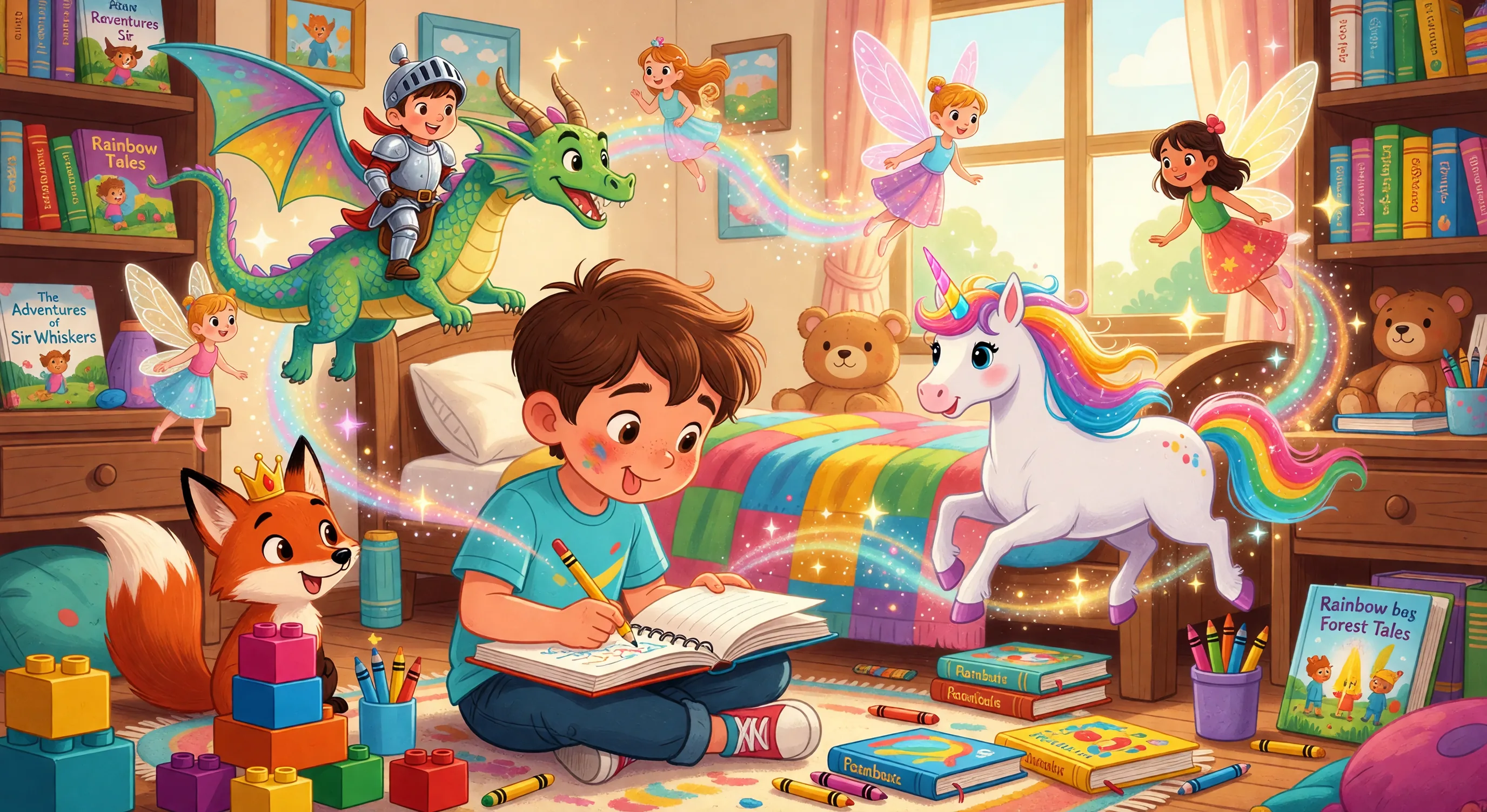 Child imagining stories with books